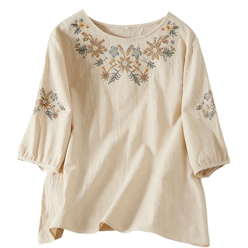 Damen lockeres, figurschmeichelndes Baumwoll-Leinen Rundhals-Dreiviertelarm Hemd Top