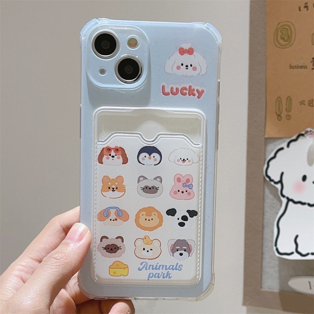 Kreslený psík iPhone puzdro pre 11/12 Pro/Max s držiakom na karty - Motív malého zvieraťa pre ženské používateľky.