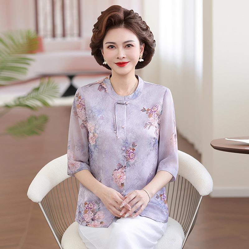 Mom's 2026 Chinese Style Summer T-Shirt - Short Sleeve, Age-Reducing Top for Middle-Aged & Elderly Women