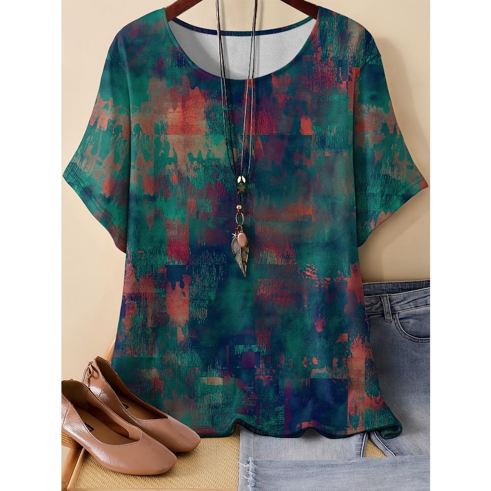 Summer Womens Retro 3D Printed Color Striped T-shirt Pattern Loose Comfortable Breathable Large Size Fashion O-neck T-shirt