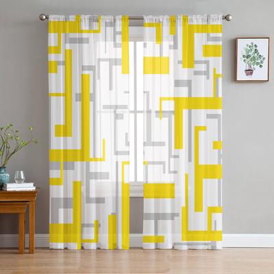 Cortinas para sala de estar transparentes de color amarillo y gris con geometría artística, cortinas de tul estampadas para ventana, cortinas decorativas de lujo para el hogar y el balcón