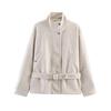 Womens Oversized Wool Blend Zip-Up Stand Collar Jacket With Waist Belt 2026 Streetwear Loose Fit Mid-Length Coat