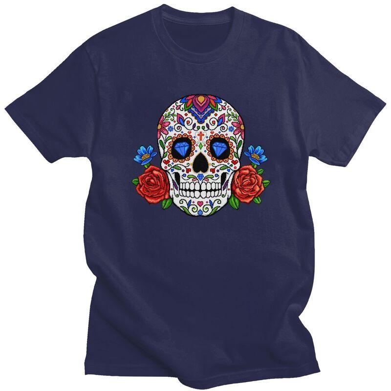 Custom Mexican Flower Rose Skull T Shirt for Men Pure Cotton Tshirt Fashion Tees Tshirt Clothing
