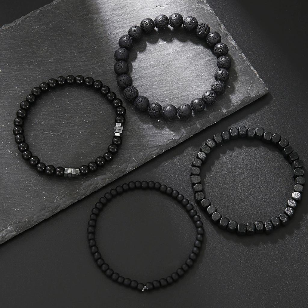 4Pcs Set Black Gall Stone Volcanic Stone Wood Beads Bracelets Men's Combination Elastic Bracelet For Couple Friends Jewelry