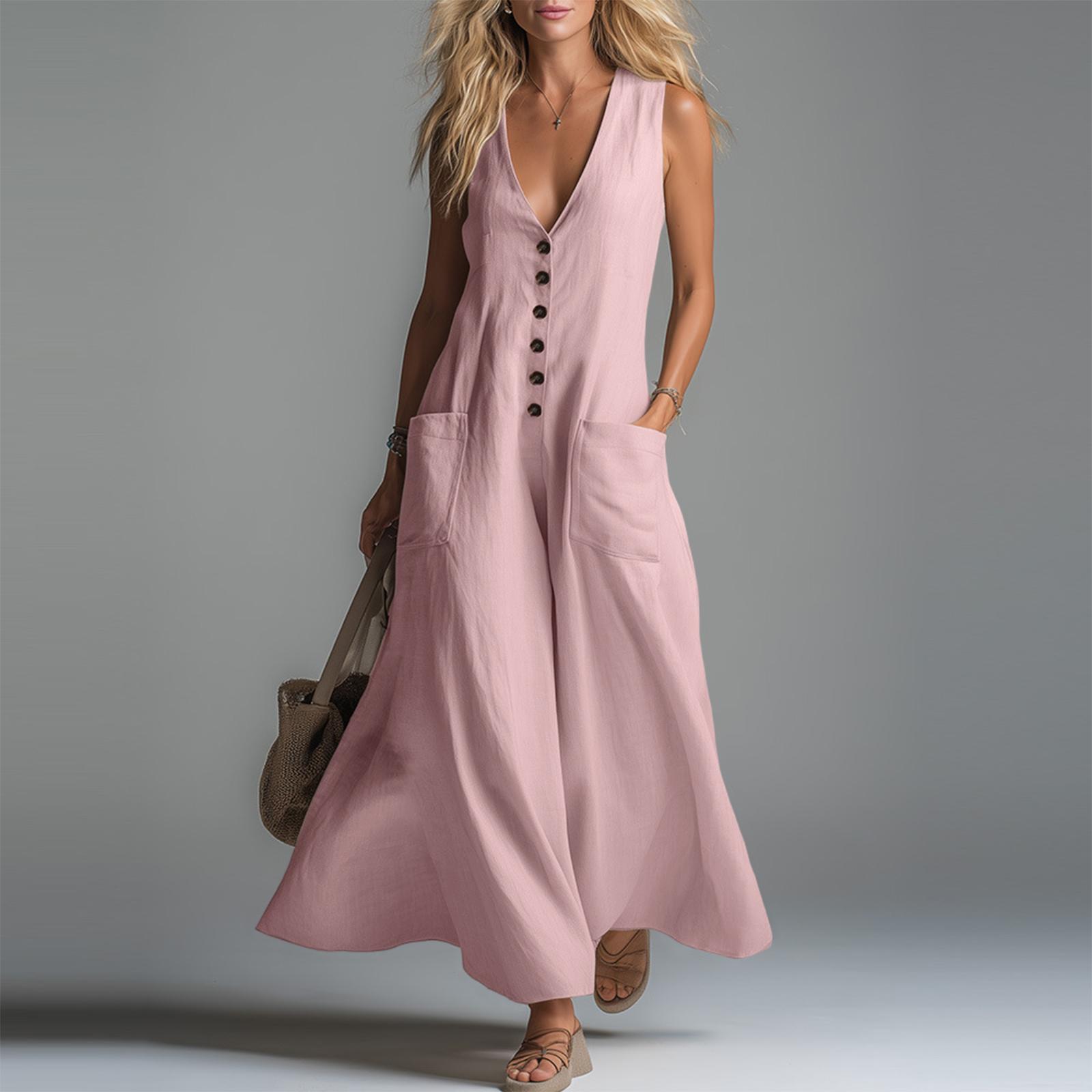 

Women s Dress Casual Flowy Dresses R-neck Vocation Boho Beach Sundress L рожевий