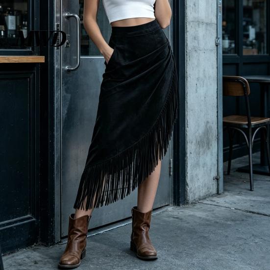 Damen Rock Midi Rock, Hohe Taille Schlankmachend mit Asymmetrischem Quastenbesatz, Hoch tailliert Unifarben Lässig für Arbeit Freizeit Tägliche Kleidung Leicht