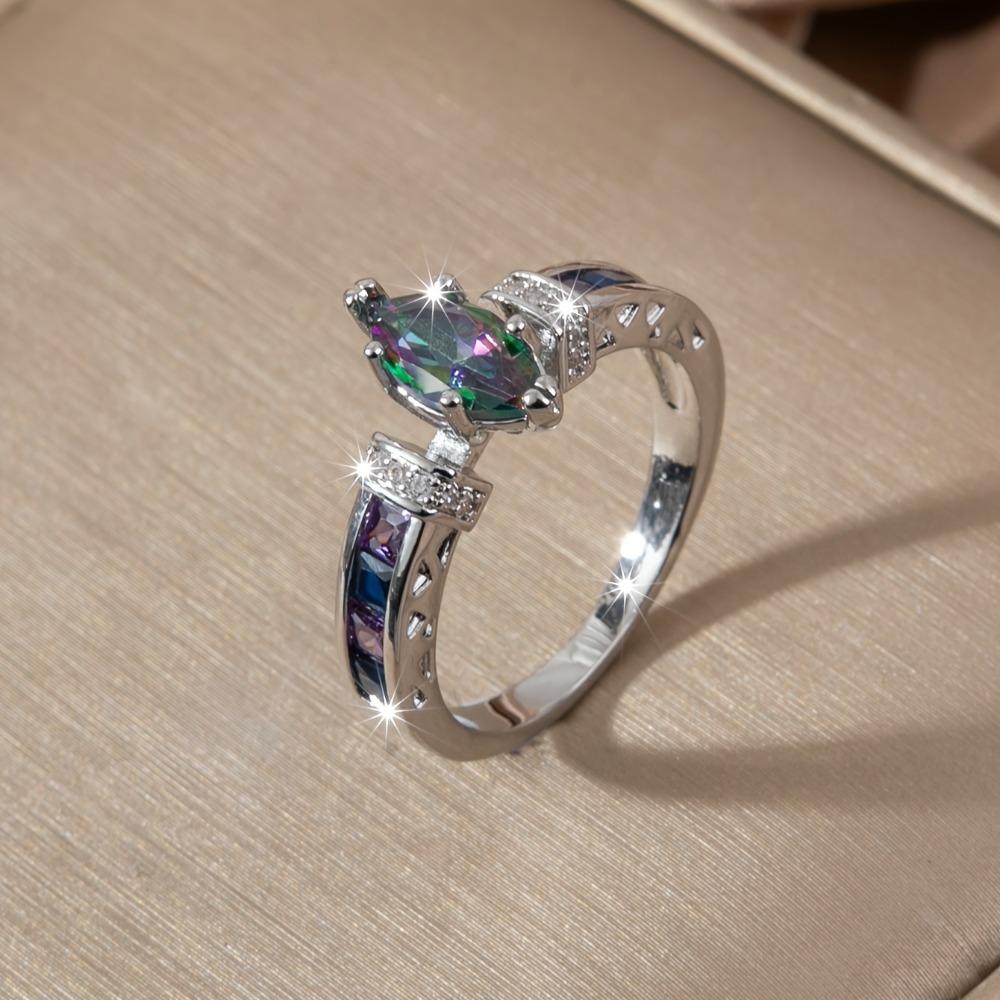 European and American Fashion Trend Exquisite Rainbow Oval Zircon Ring for Women, Suitable for Gift Giving, Daily Wear