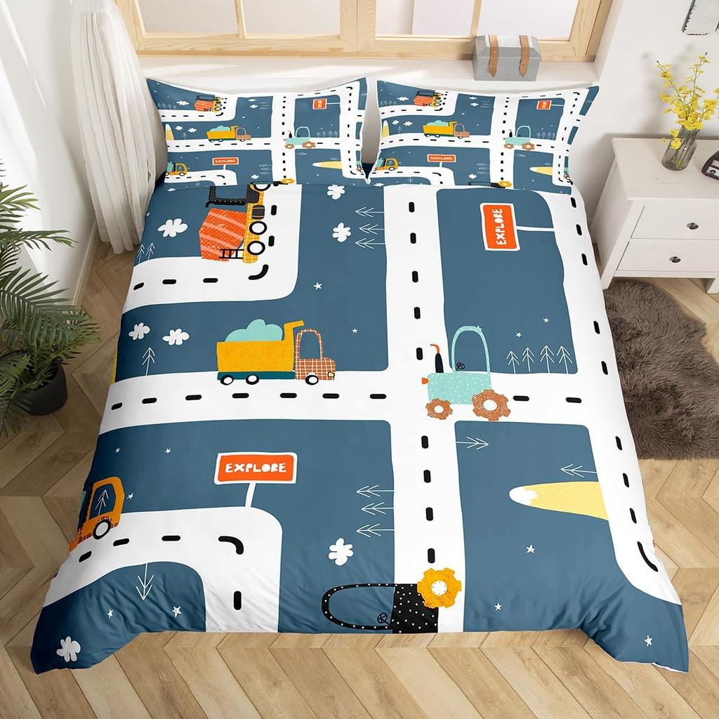 Racing Car Track Duvet Cover Queen for Kids Boys,Construction Vehicle Grey Bedding Set Red Cars Road Traffic Quilt Cover 3 Pcs