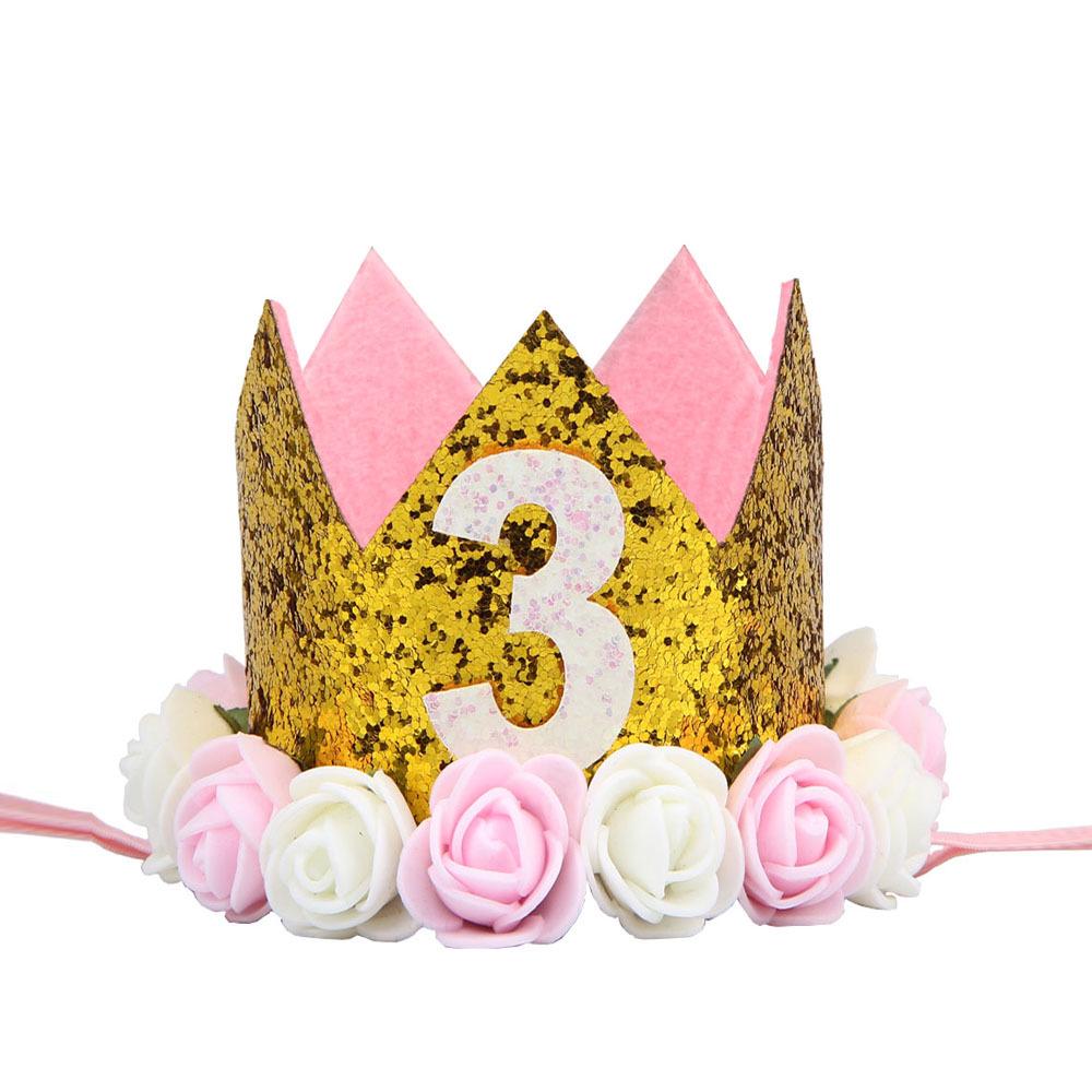 Cross-Border 1st Birthday Crown Headband: Princess Gold & Pink Party Accessory for Girls