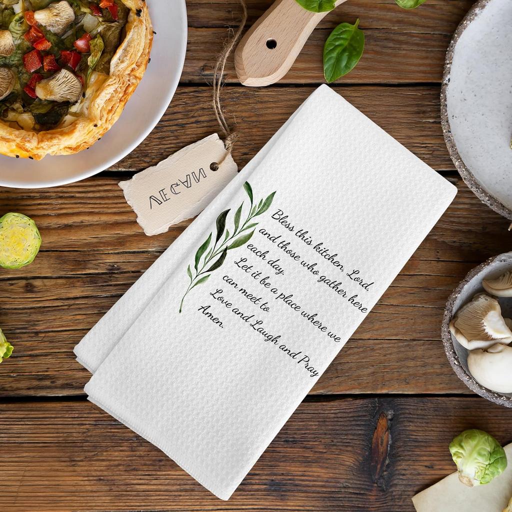 Christian Rustic Bless This Kitchen Towels, Farmhouse Religious Christian Prayer Room Home Decor, Prayer Sage Dish Hand Tea Towels for Kitchen,