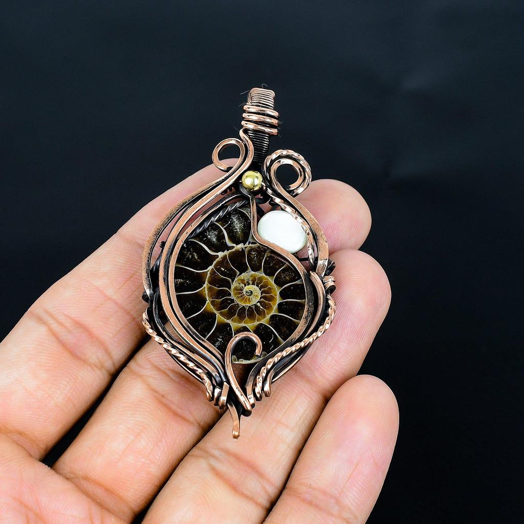Ammonite Fossil 999 Copper Wire Wrapped Pendant, Handmade Gemstone Jewelry Pendant For Memorial Day