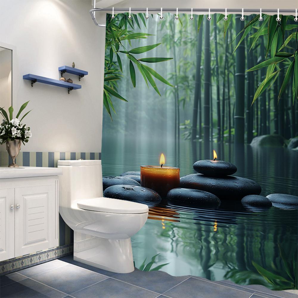Tenda da doccia rilassante con foresta di bambù per un bagno zen, con acqua tranquilla, pietre e candele. Questo Sereno
