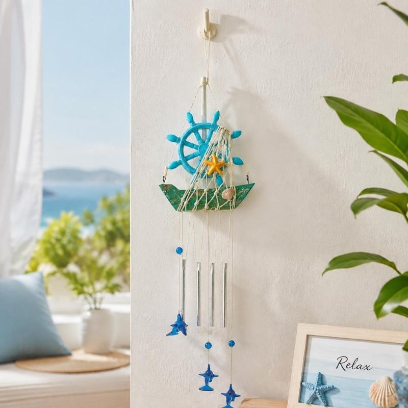 Sailboats Wind Chimes with Rope Net Detailing, Dolphins Pendants and Starfishes Features for Indoor Hanging Display