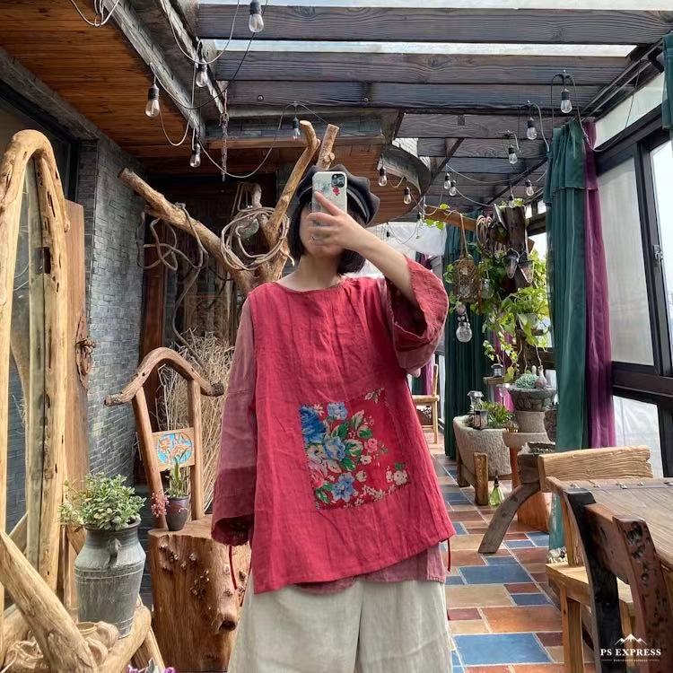 

Johnature женские винтажные лоскутные майки льняные свободные весенние футболки с принтом без рукавов женские майки с круглым вырезом топы One Size красный