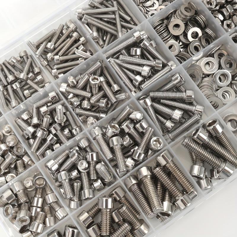 270-piece stainless steel hex bolt, nut, and washer set, M3, M4, and M5, available in lengths of 16mm, 20mm, and 25mm.