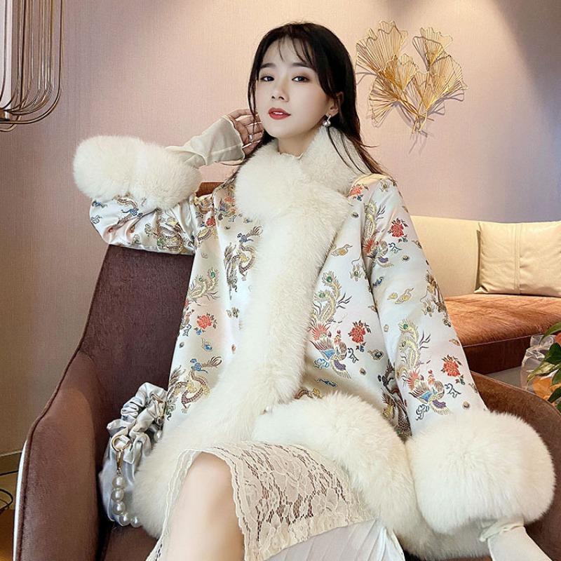 Medium splicing imitation fox fur imitation fur jacket female court celebrity satin Tang suit medium and long nail beads fluff
