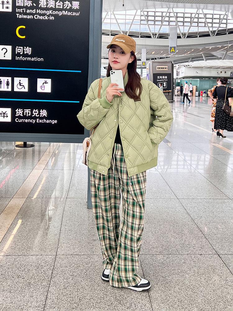 Short student jacket winter new rhombus plaid down  jacket women's loose baseball collar small  jacket