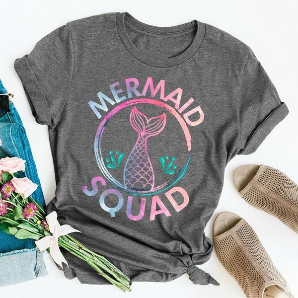 Colorful Mermaid Squad Print T Shirt Women Short Sleeve O Neck Loose Tshirt Summer Women Tee Shirt Tops Camisetas Mujer