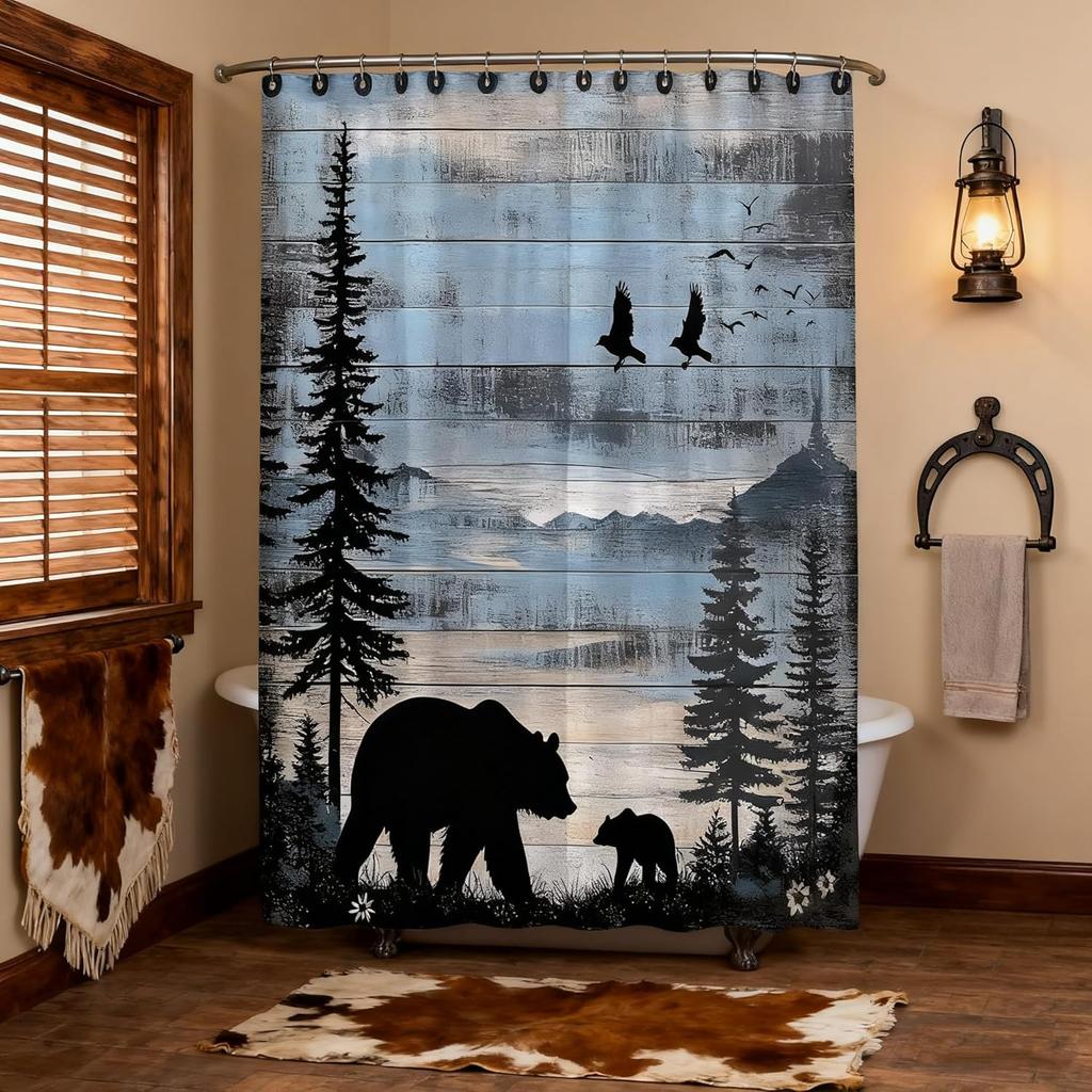 Rustic Forest Bear Shower Curtain Cabin Farmhouse Animal Country Lodge Retro Wooden Board Tree Wildlife Blue Vintage Hunting