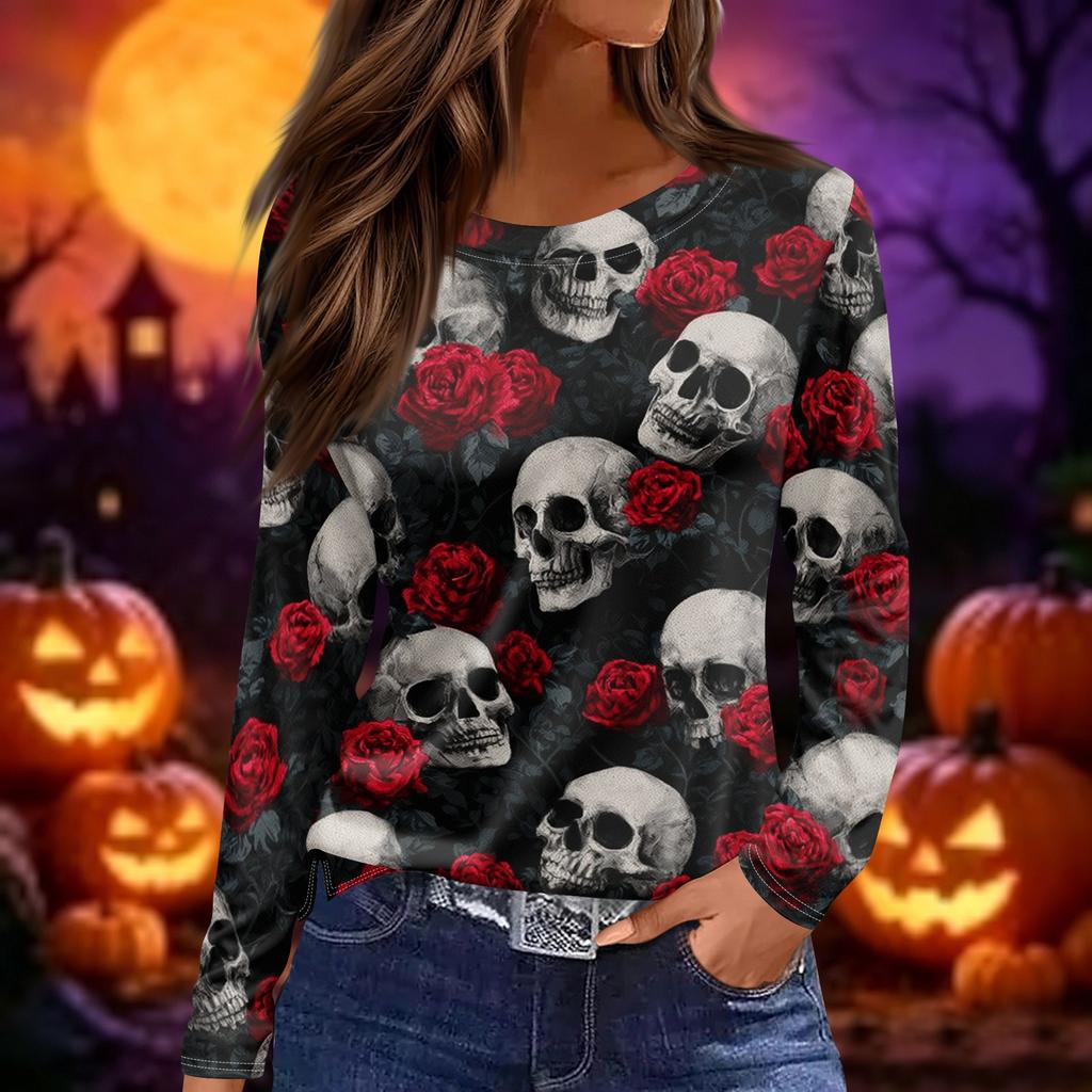 Women's Print Long Sleeve Neck Top with Side Slit Casual Blouse