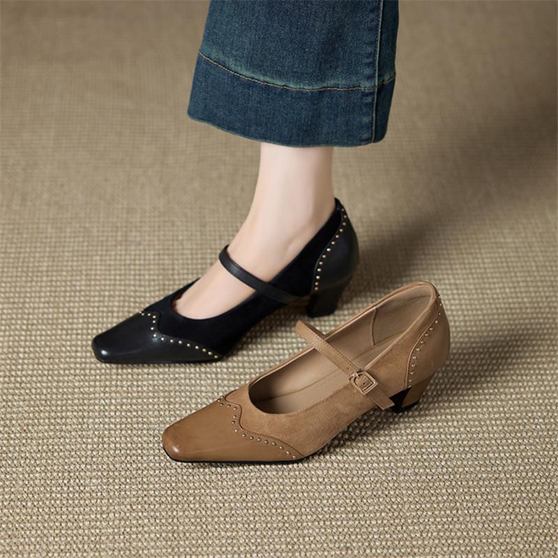 Fashion New Spring/autumn Genuine Leather Women Shoes Square Toe Shoes for Women Fashion Rivet Mary Jane Shoes High Heels Women Pumps