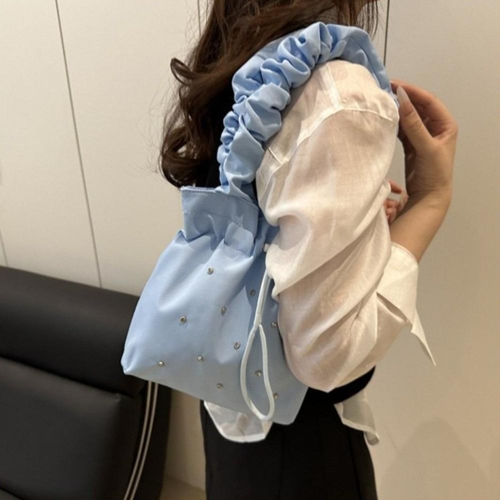 Versatile Nylon Shoulder Bag Sweet Drawstring Handbag Stylish Pleated Tote Bag Female