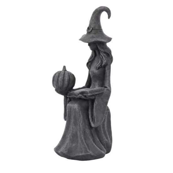 Tabletop Witch Decoration Halloween Statue, Gothic Figurine with Pumpkin And Book, Matte Black Themed Gifts Sculpture, Mantel Shelf Desk Decor,