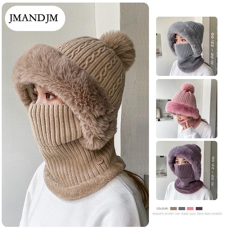 Winter Twist Pattern Knitted Hat, Velvet Warm Scarf, Integrated Pullover Hat, Cold-proof Wool Hat, Women
