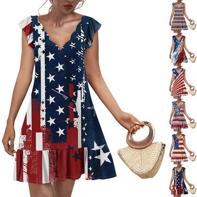 Women's Fashion Casual V Neck Wavy Edge Independence Day Print Short Sleeve Dress