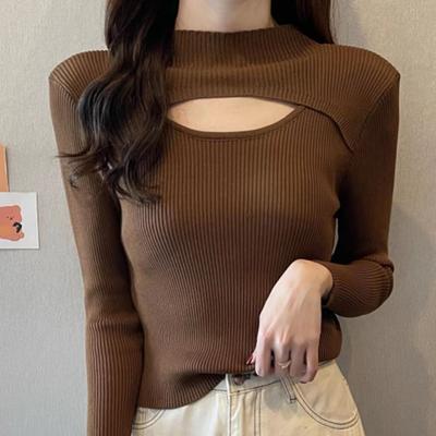 Autumn Winter Half Turtleneck Top Knitwear Spicy Girl Hollow Out All-Match Slim Fit Long Sleeve T-shirt Base Top