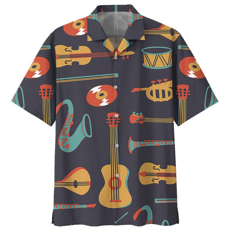Saxophone Guitar Pattern Shirt For Men 3D Printed Musical Instrument Blouse Loose Lapel Short Sleeve Button Hawaiian Shirts
