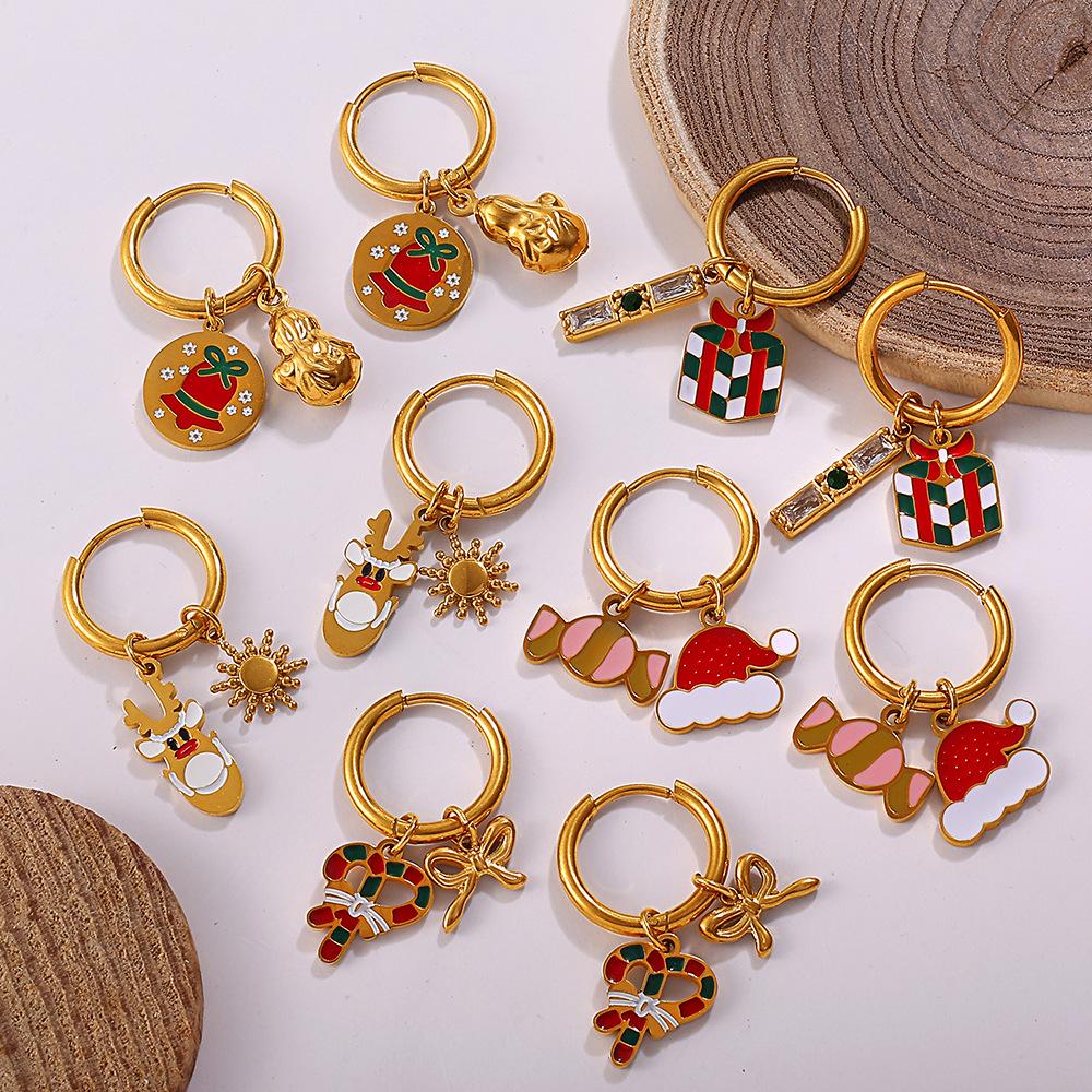 Creative Cartoon Christmas Tree Pendant Earrings, 18K Gold-Plated Stainless Steel