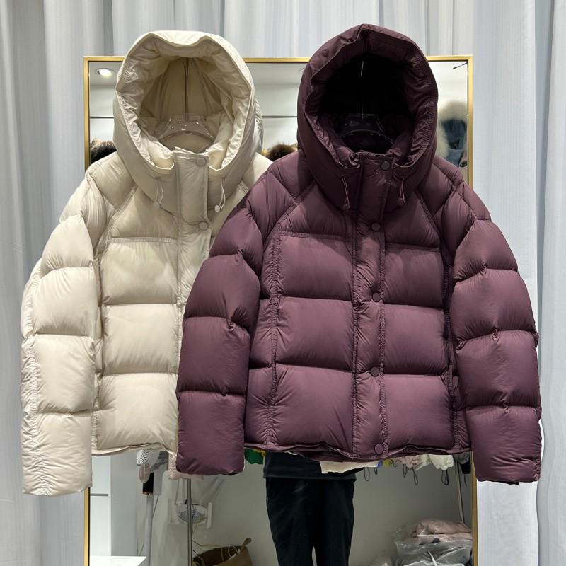 Womens Short Puffer Jacket With Hood 90% White Duck Down Ultra-Soft Cloud-Like Warmth Loose Fit Winter Coat