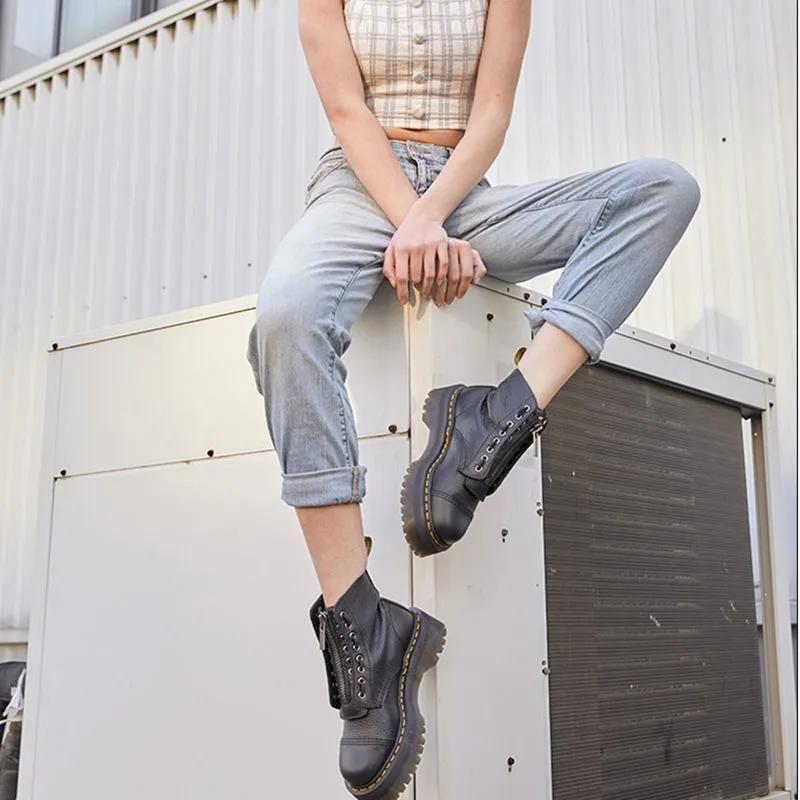 Motorradschuhe Damenstiefel Leder Plateau-Stiefel Reißverschluss vorne Dicke Sohlen Sexy Punk Winterstiefel