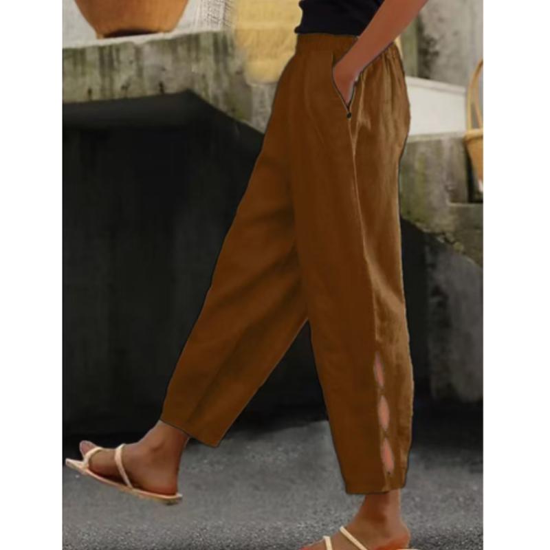New Women's Pants Cotton Linen Solid Color Fashion Casual Daily Side Pocket Trousers Hollow-out Button Pants