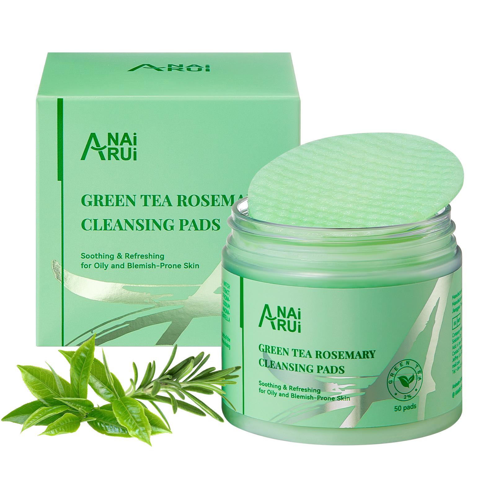ANAiRUi Green Tea Rosemary Cleansing Pads, Deep Cleansing & Exfoliating Pads, Makeup Remover for Face & Body, 50 Pcs