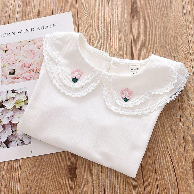 Girls' White Cotton Peter Pan Collar Long Sleeve Shirt for Spring & Autumn