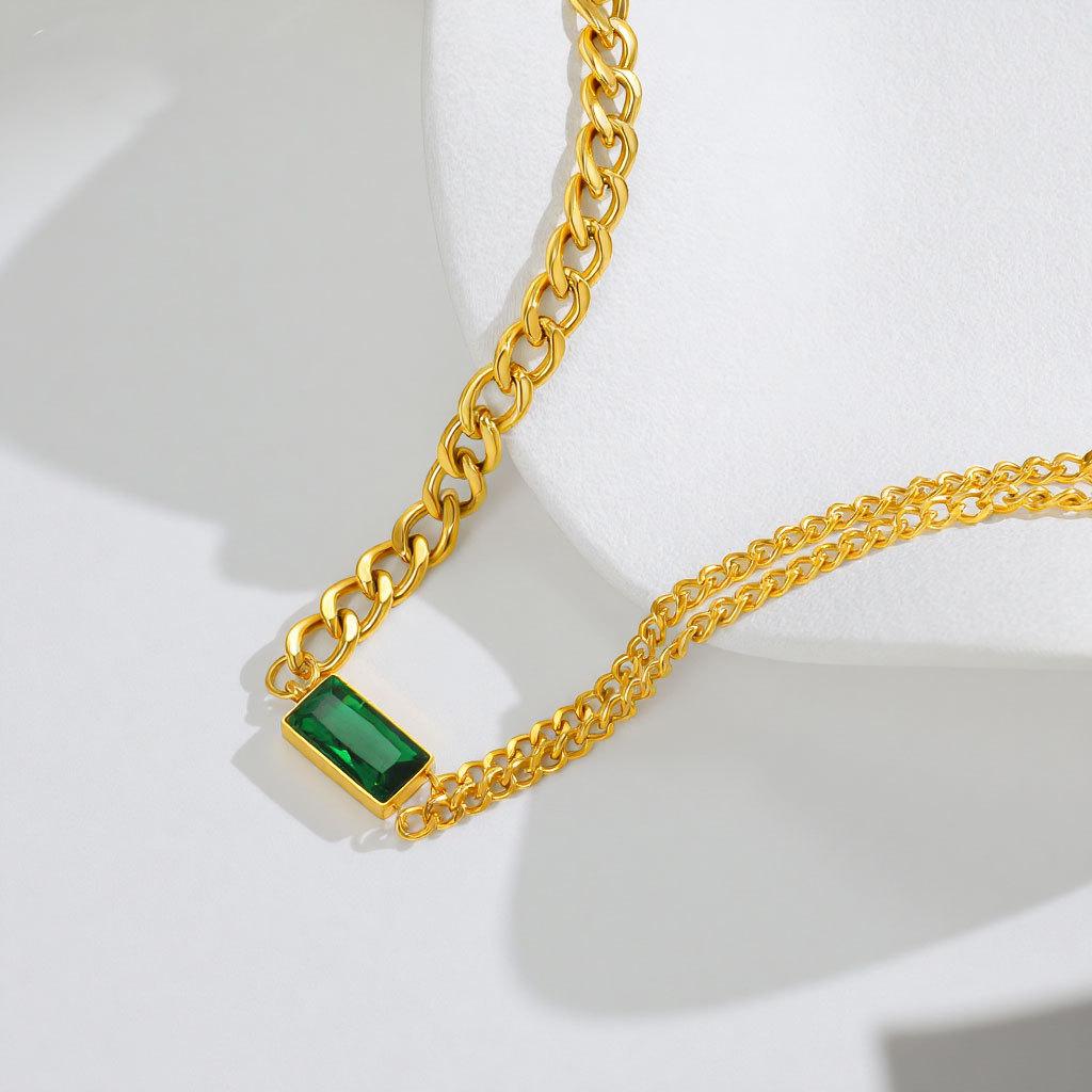 Emerald Cuban Splicing Necklace Titanium Steel Collarbone Chain High Color Retention Temperament Versatile Gift