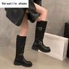 Winter Women Knee High Boots Fashion Belt Buckle Knight Long Booties Designer Square Heels Botas De Mujer