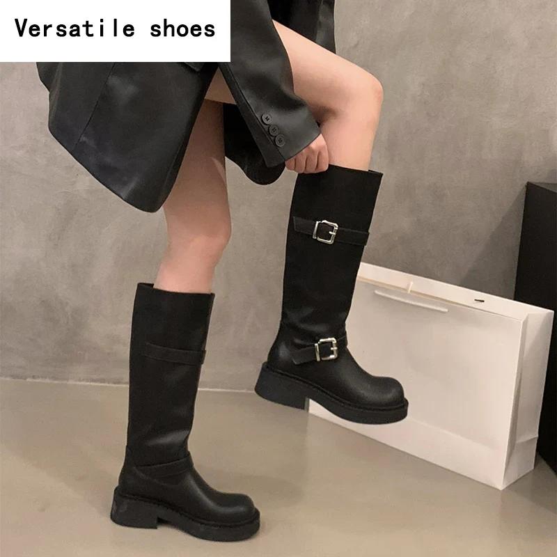 Winter Women Knee High Boots Fashion Belt Buckle Knight Long Booties Designer Square Heels Botas De Mujer