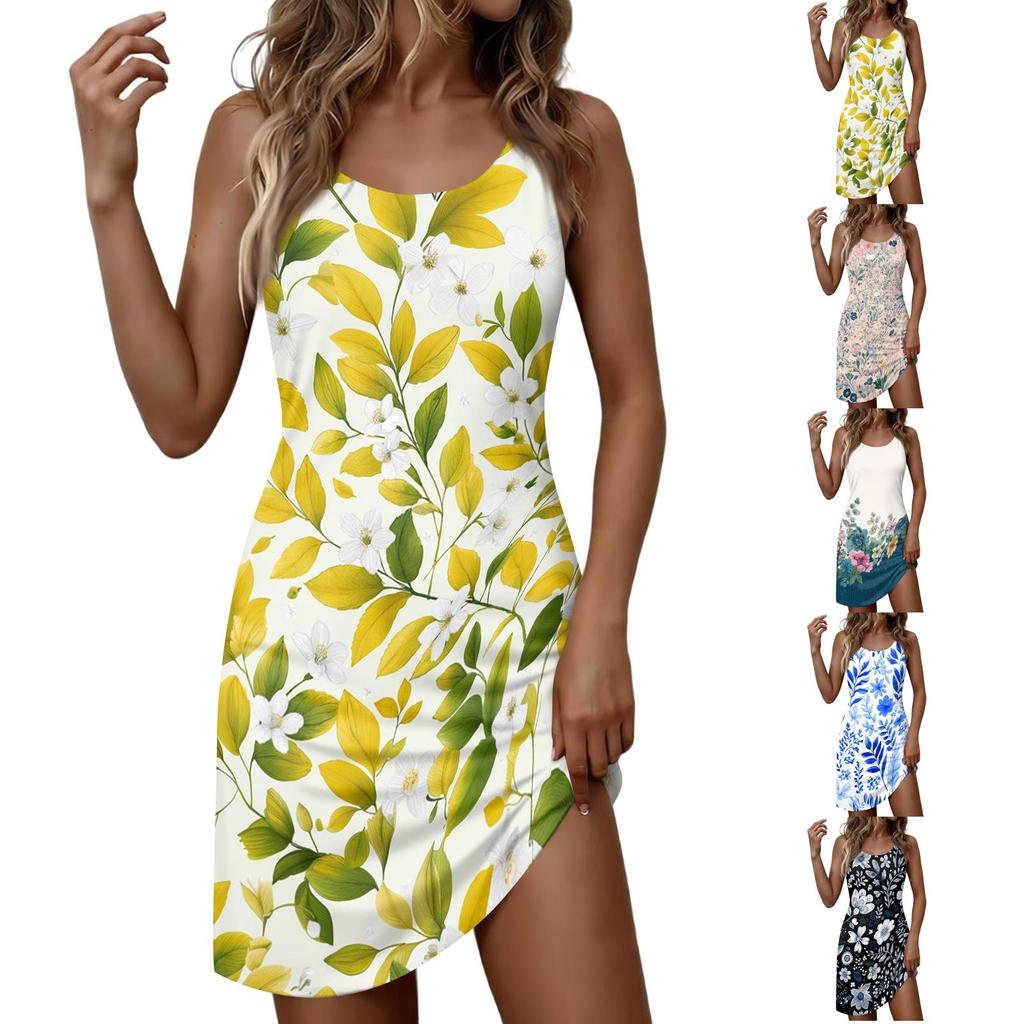 Women's Casual Sleeveless Dress Floral Print Round Neck Summer Beachwear Lightweight Comfortable Fit Dress for Daily Wear