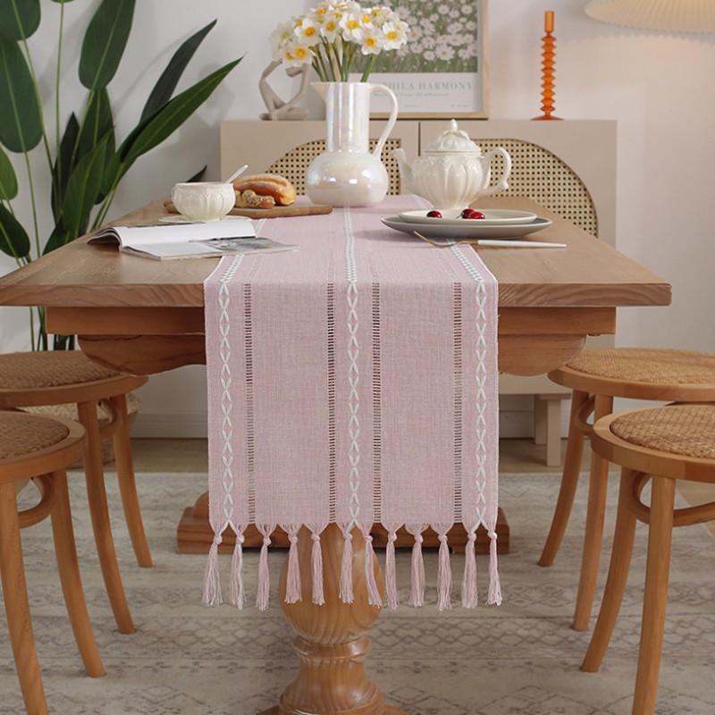Handmade Tassel Cotton Linen Table Runner Dining Coffee Decor In American Rustic Style