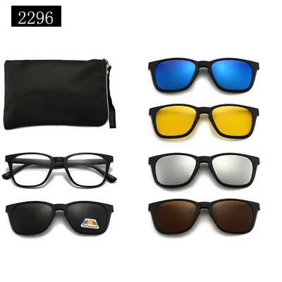 5 in 1 Magnetic Clip on Glasses Optical Square Night Vision Polarized Sunglasses TR90