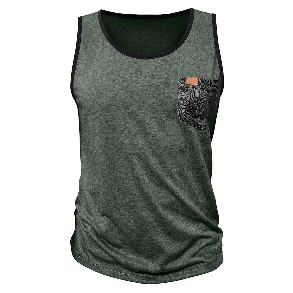 Men’s Vest Sleeveless Tops Printed Chest Pocket Summer Sports Fitness Loose Shirts