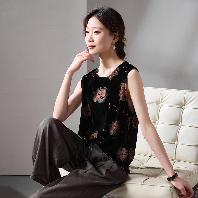 SOFSIL Women s New Chinese Style Silk Print Sleeveless Top L