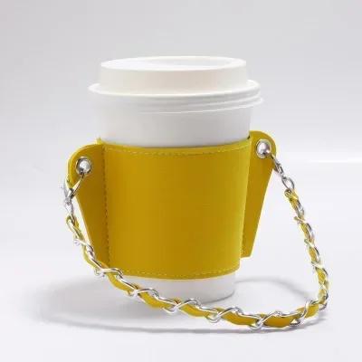 Coffee Cup Cover Chain Portable Pu Leather Drink Soda Bag Hanging Portable Heat Insulation and Ironing Cup-Cover