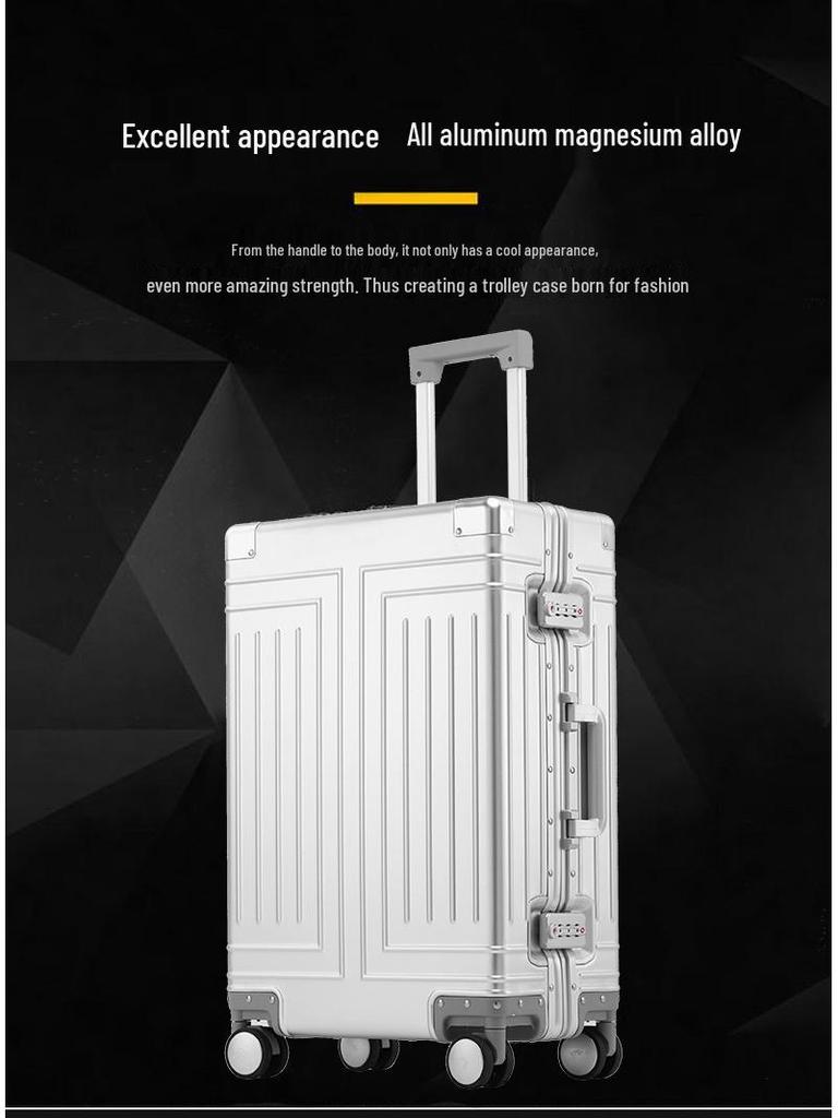 Aluminum-Magnesium Alloy Suitcase with Aluminum Frame, Universal Wheels, Combination Lock - 24" Carry-On for Students & Men's Business Travel.