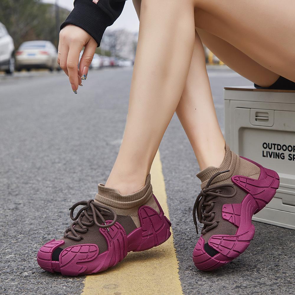 Shoes women's spring and autumn platform dad shoes women's breathable fly-woven socks sneakers women's octopus casual shoes heightening shoes