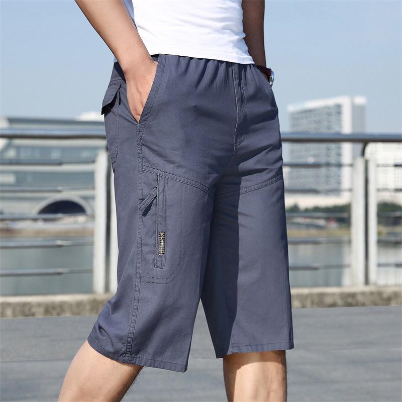 Summer New Men's Elastic Waist Solid Color Cropped Pants Large Size Fat Man Tooling Pure Cotton Outdoor Leisure Sports Shorts