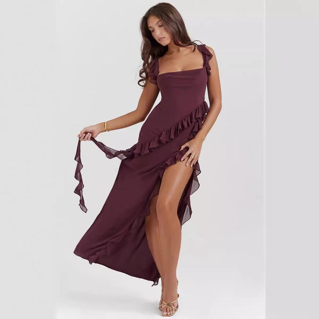 Summer new French suspender fungus edge design sense Spice girl split long dress dress women